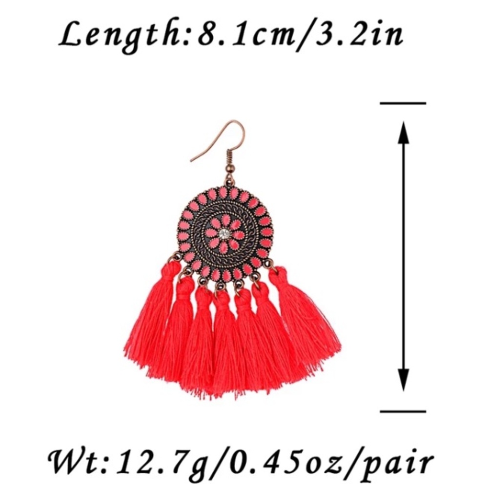 BOHEMIAN RED FLOWER LONG TASSEL EARRINGS - Picture 2 of 2